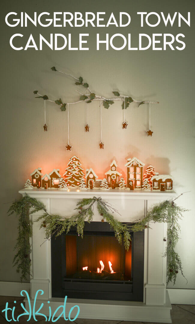 Gingerbread Town Candle Holders Christmas Mantel Tutorial with Free